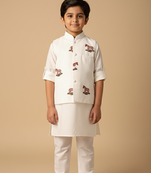 Maroon embroidery on white modal kurta bandi set for boys