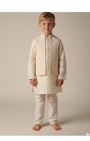 White embroidered kurta bandi set for boys 1