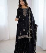 black embroidered silk sharara suit