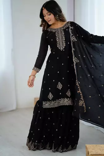 black embroidered silk sharara suit