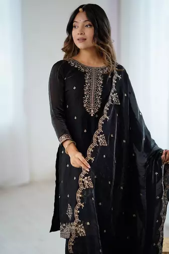 black embroidered silk sharara suit
