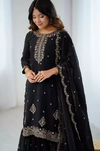 black embroidered silk sharara suit