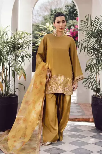 Dark mustard green crepe silk embroidered kurta set