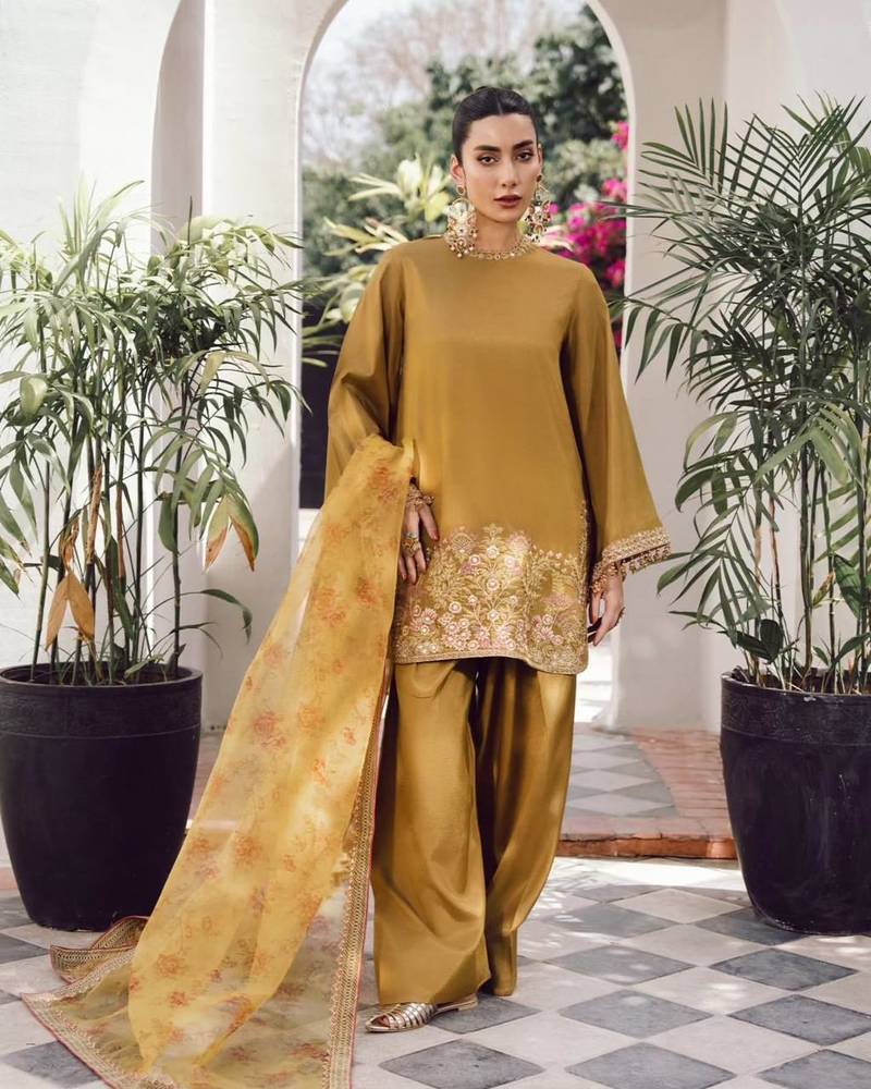 Dark mustard green crepe silk embroidered kurta set