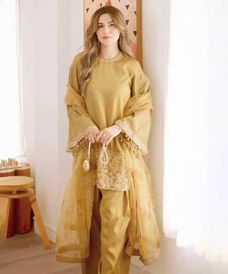 Dark mustard embroidered kurta set 2