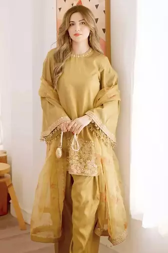 Dark mustard embroidered kurta set