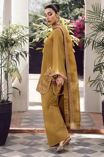 Dark mustard embroidered kurta set