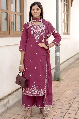 Women Salli Pure Cotton Regular Hand & Threadwork Kurta With Trousers & With Dupatta
