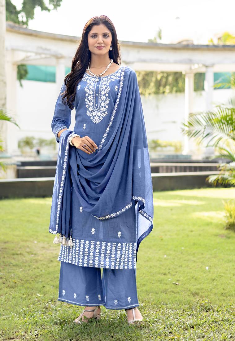 Women Salli Pure Cotton Regular Hand & Threadwork Kurta With Trousers & With Dupatta
