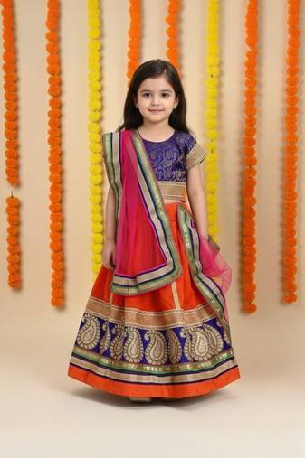  Vibrant Orange & Blue Embroidered Lehenga Choli Set for Girls