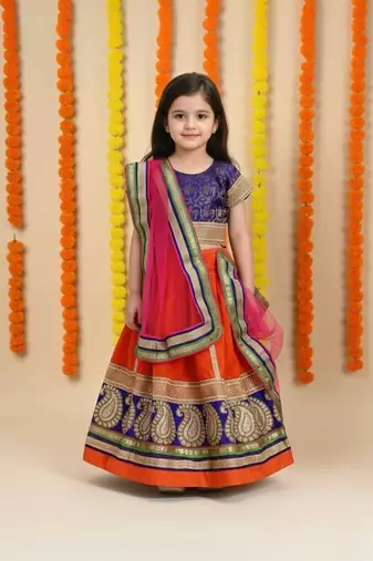  Vibrant Orange & Blue Embroidered Lehenga Choli Set for Girls