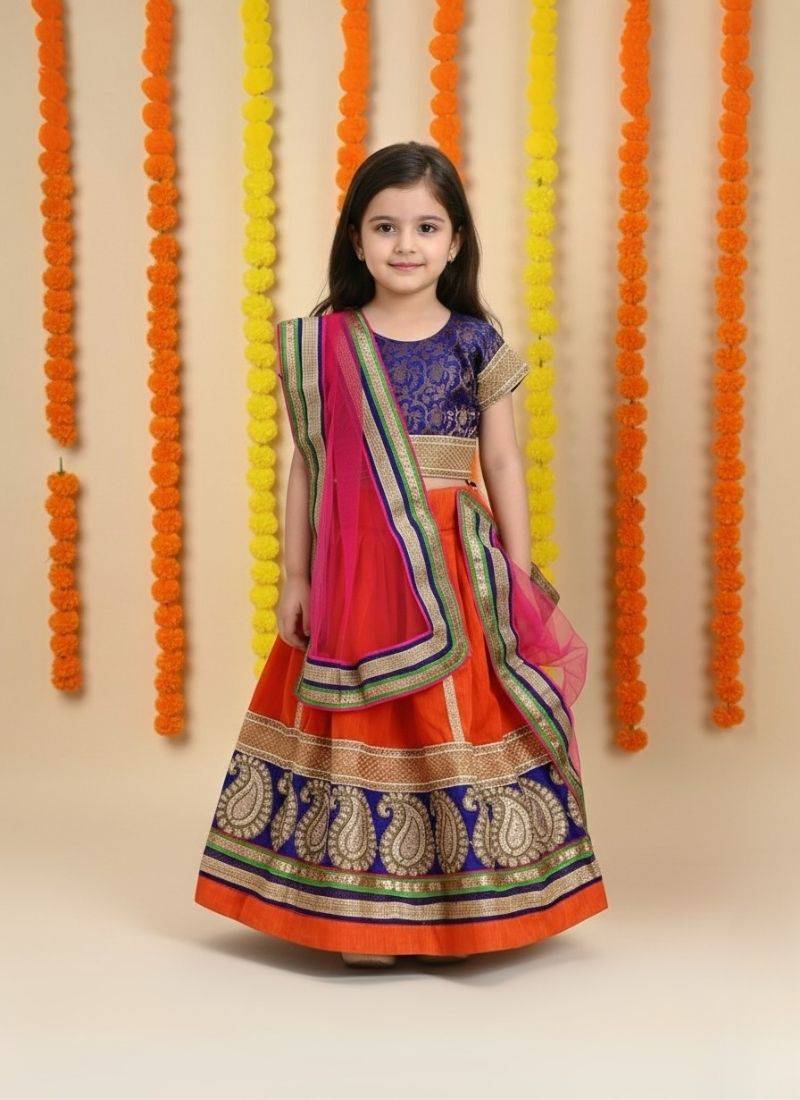  Vibrant Orange & Blue Embroidered Lehenga Choli Set for Girls