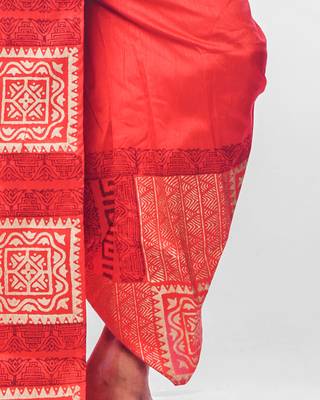 Red hand block print dupion silk dhoti for men (free size) 2