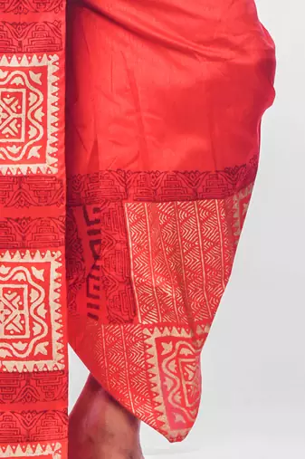Red hand block print dupion silk dhoti for men (free size)