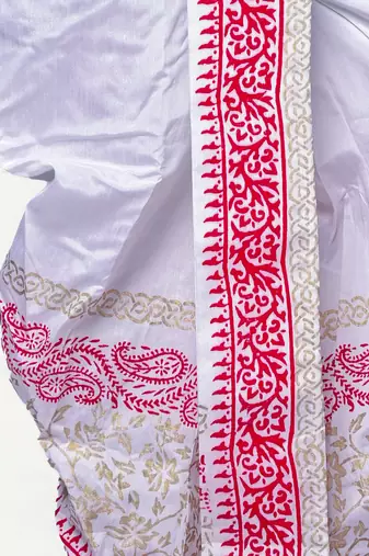 White hand block print dupion silk dhoti for men (free size)