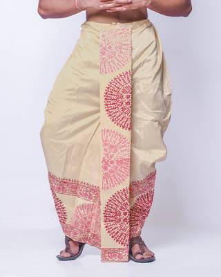 Beige hand block print dupion silk dhoti for men (free size) 1