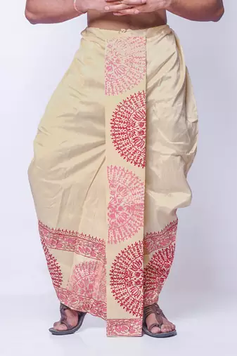 Beige hand block print dupion silk dhoti for men (free size)