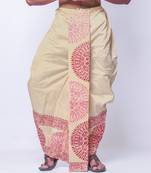 Beige hand block print dupion silk dhoti for men (free size)