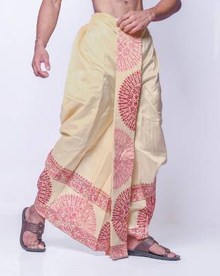 Beige hand block print dupion silk dhoti for men (free size) 2