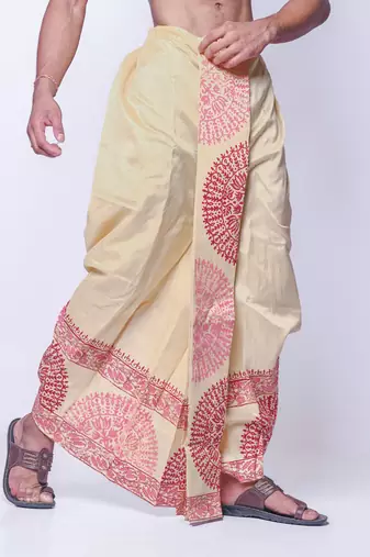 Beige hand block print dupion silk dhoti for men (free size)
