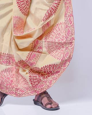 Beige hand block print dupion silk dhoti for men (free size) 3