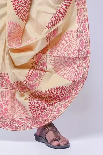 Beige hand block print dupion silk dhoti for men (free size)