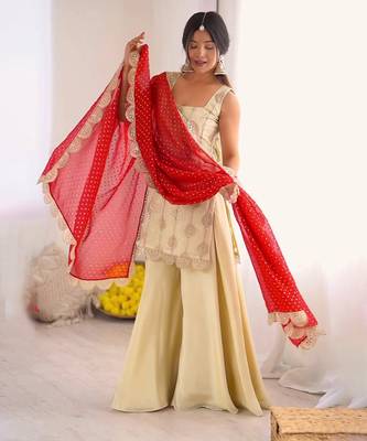 Off-white embroidered palazzo set with red dupatta 1