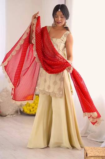Off-white crepe silk embroidered palazzo set with red dupatta