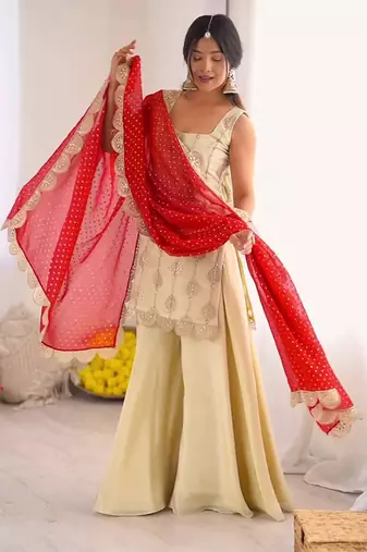 Off-white embroidered palazzo set with red dupatta