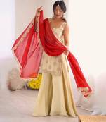 Off-white embroidered palazzo set with red dupatta