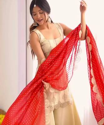 Off-white embroidered palazzo set with red dupatta 2