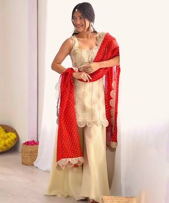 Off-white embroidered palazzo set with red dupatta 3