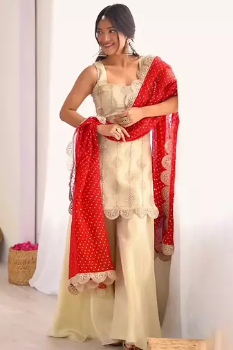 Off-white embroidered palazzo set with red dupatta