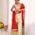Off-white crepe silk embroidered palazzo set with red dupatta