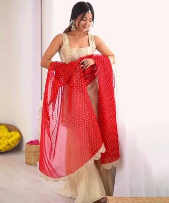 Off-white embroidered palazzo set with red dupatta 4