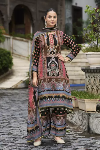 Multicolor chinon chiffon pakistani printed pakistani style kurta with palazzo & printed dupatta