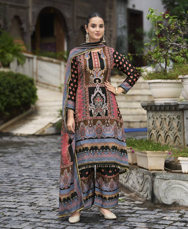 Multicolor chinon chiffon pakistani printed pakistani style kurta with palazzo & printed dupatta