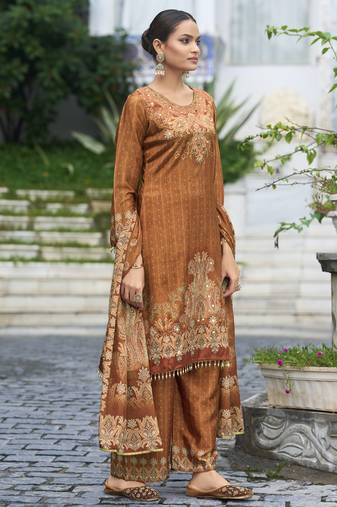 Rust brown chinon chiffon pakistani printed pakistani style kurta with palazzo & printed dupatta