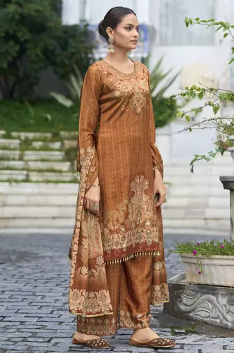 Rust brown chinon chiffon pakistani printed pakistani style kurta with palazzo & printed dupatta