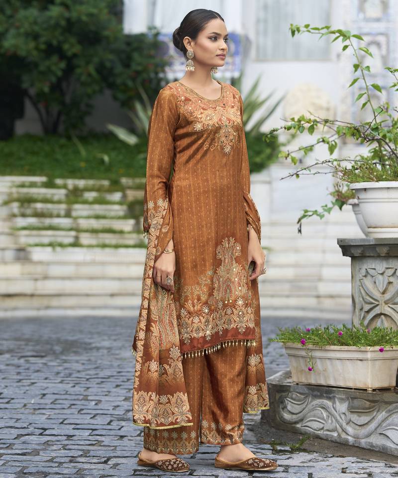 Rust brown chinon chiffon pakistani printed pakistani style kurta with palazzo & printed dupatta