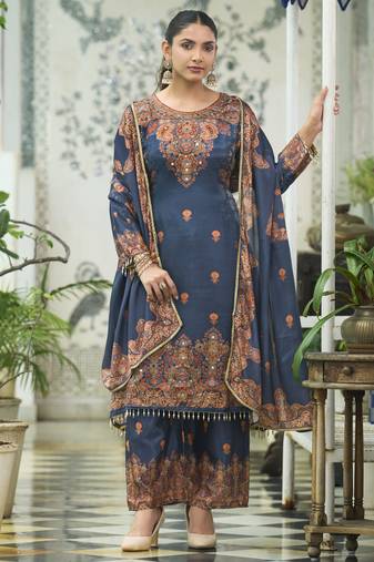Navy blue chinon chiffon pakistani printed pakistani style kurta with palazzo & printed dupatta