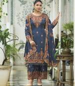 Navy blue chinon chiffon pakistani printed pakistani style kurta with palazzo & printed dupatta