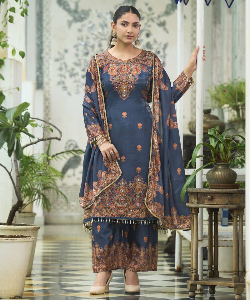 Navy blue chinon chiffon pakistani printed pakistani style kurta with palazzo & printed dupatta
