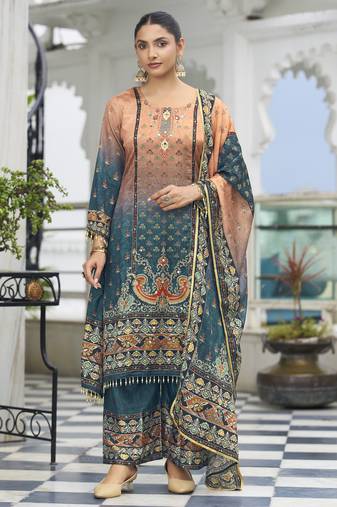 Peach chinon chiffon pakistani printed pakistani style kurta with palazzo & printed dupatta