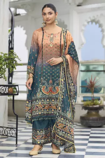 Peach chinon chiffon pakistani printed pakistani style kurta with palazzo & printed dupatta