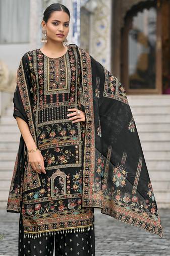 Black chinon chiffon pakistani printed pakistani style kurta with palazzo & printed dupatta