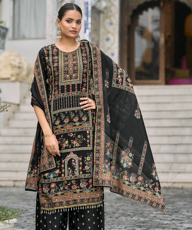 Black chinon chiffon pakistani printed pakistani style kurta with palazzo & printed dupatta