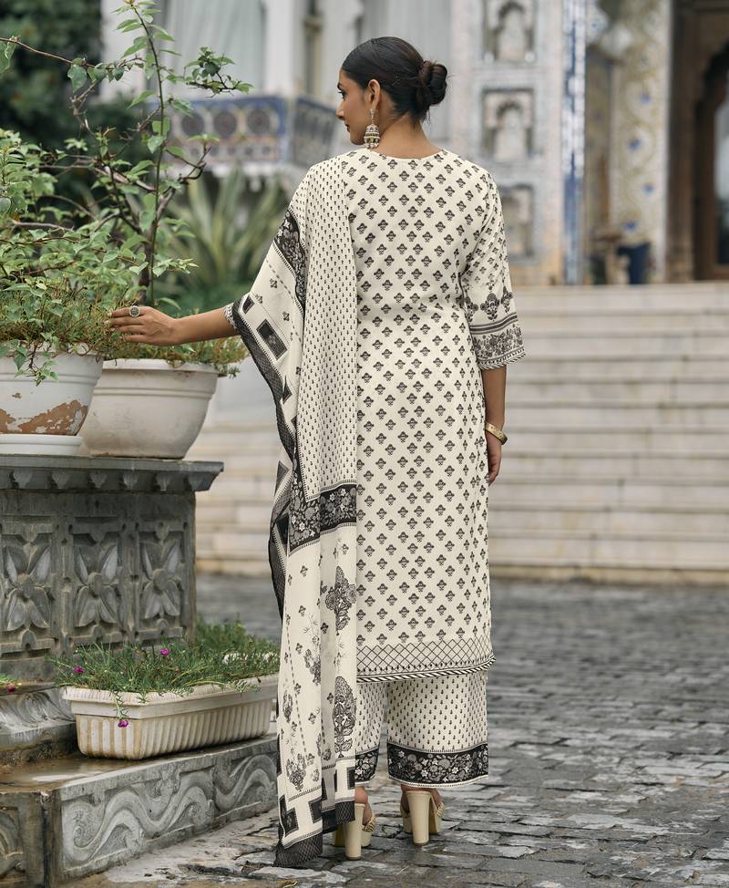 Ivory chinon chiffon pakistani printed pakistani style kurta with palazzo & printed dupatta