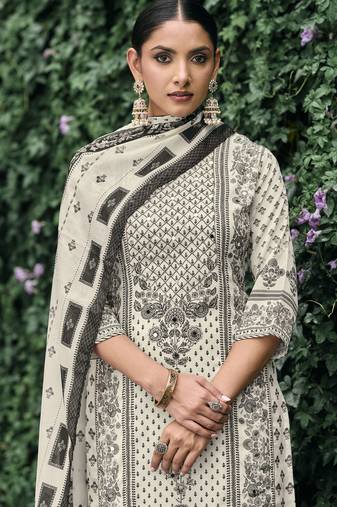 Ivory chinon chiffon pakistani printed pakistani style kurta with palazzo & printed dupatta