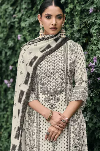 Ivory chinon chiffon pakistani printed pakistani style kurta with palazzo & printed dupatta